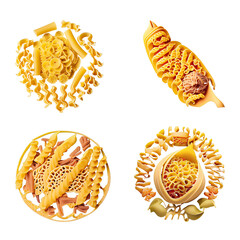 Set of different types of pasta on a white background. Generative AI