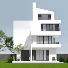 Exterior minimalist modern white house outdoor 3D illustration display