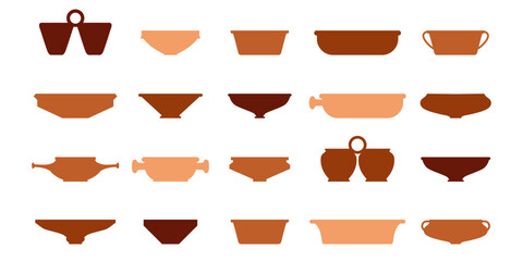 Ancient plates set. Side view. Silhouette collection of icons with dishes. Vector pottery icons for design. Fireclay ceramic plate set in boho style. Clay products in traditional style