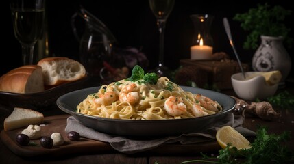 A photo with presentation of delicious Shrimp Alfredo Pasta, food photography, gourmet