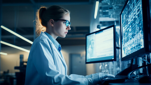 Young woman with glasses working in a lab environment in front of two computer screens