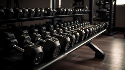 Dumbbells and fitness equipment arranged neatly in a gym setting.