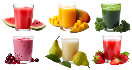 Freshly pressed Fruit vegetable juice smoothie with fruits veggie toppings on transparent background cutout. PNG file. Many assorted different flavour. Mockup template for artwork design