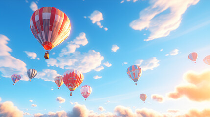 Naklejka premium Hot-Air Balloons flying on a sunny summer day with beautiful sky.Generative AI