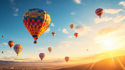 Obraz premium Hot-Air Balloons flying on a sunny summer day with beautiful sky.Generative AI