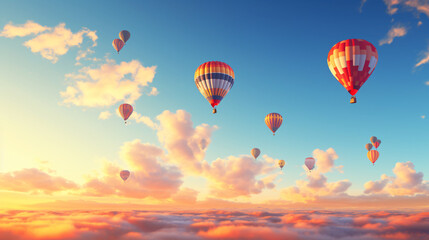 Obraz premium Hot-Air Balloons flying on a sunny summer day with beautiful sky.Generative AI