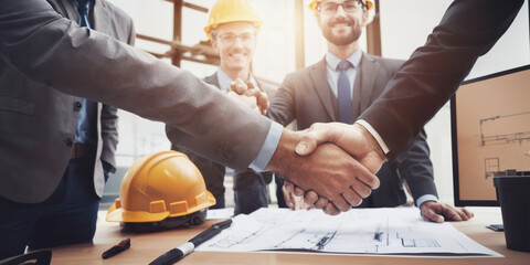 Teamwork and collaboration - architect and engineer shake hands in office construction site, success synergy concept