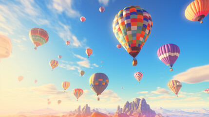 Obraz premium Hot-Air Balloons flying on a sunny summer day with beautiful sky.Generative AI