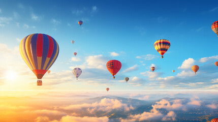 Fototapeta premium Hot-Air Balloons flying on a sunny summer day with beautiful sky.Generative AI