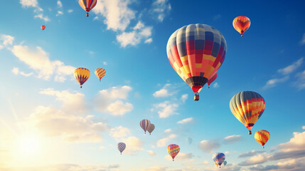 Fototapeta premium Hot-Air Balloons flying on a sunny summer day with beautiful sky.Generative AI
