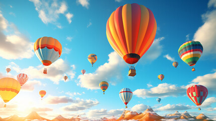 Fototapeta premium Hot-Air Balloons flying on a sunny summer day with beautiful sky.Generative AI