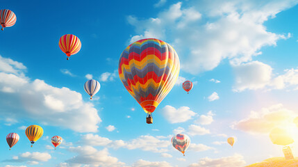 Naklejka premium Hot-Air Balloons flying on a sunny summer day with beautiful sky.Generative AI