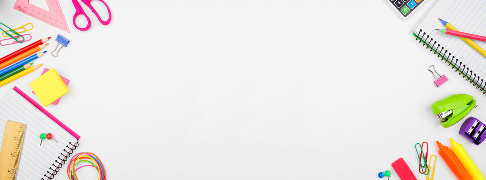 School supplies double border. Overhead view on a white banner background. Copy space. Back to school concept.