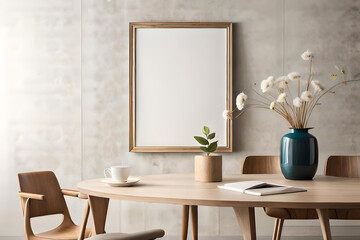 Empty wooden picture frame mockup hanging on beige wall background. Boho-shaped vase, dry flowers on table. Cup of coffee, old books. Working space, home office. Art, poster display interior of a room