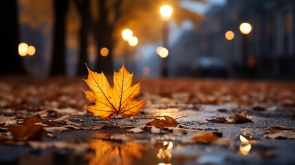 autumn leaves on the ground on bokeh background, copy space, banner - generative ai