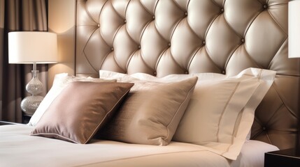Close up Bed pillow detail element home interior contemporary bedroom with white soft bed pillow arrange bedroom in daylight house beautiful detail design background,ai generate