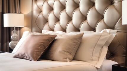 Obraz premium Close up Bed pillow detail element home interior contemporary bedroom with white soft bed pillow arrange bedroom in daylight house beautiful detail design background,ai generate