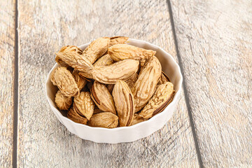 Shelled dry almond nut heap