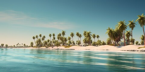 AI Generated. AI Generative. Adventure vacation landscape view of paradise island sand coast with palms on sunset. Vacation relaxing background vibe beautiful day