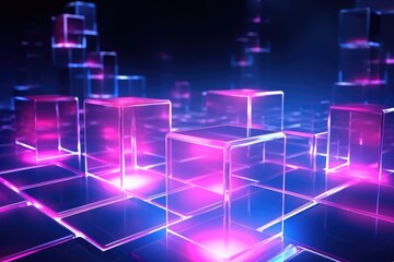 Fototapeta premium Pink neon fluid, glowing futuristic abstract background, swirl, line, boxes, data transfer or equalizer, wallpaper, generative ai