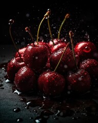 Delicious Fresh and juicy cherries with water. Perfect for wallpaper, background, posters, prints or video. This is a generative picture.