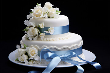 Fototapeta na wymiar The wedding cake is very beautiful and decorated with white roses