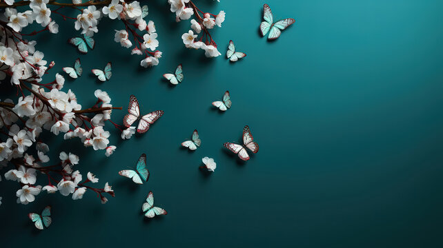 Beautiful spring nature background with butterfly, lovely blossom, petal. Generative Ai