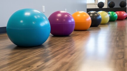 A row of medicine balls of different sizes and colors on the floor.