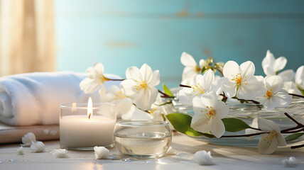 Fototapeta na wymiar Paradise traditional ritual massage spa treatment and spa products flatlay. Generative Ai