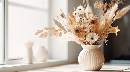Bouquet of dry flowers and leaves in kitchen. Space for text, generative AI