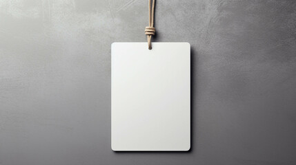 Empty layout on grey background. Common blank label name tag hanging on neck with thread, generative AI