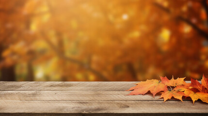 Naklejka na ściany i meble Wooden table with orange leaves autumn background, generative AI