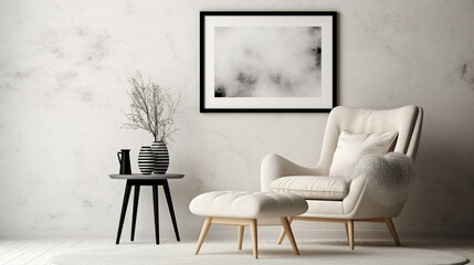 Stylish scandinavian composition of living room with design armchair, black mock up poster frame, commode, wooden stool, book, decoration, generative AI