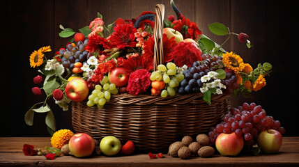 Wicker basket with autumn fruits and flowers, generative AI