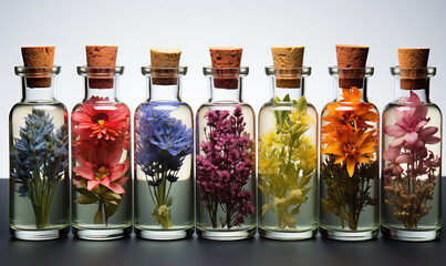 Aromatherapy, small glass bottles with sprigs of flowers. - obrazy, fototapety, plakaty