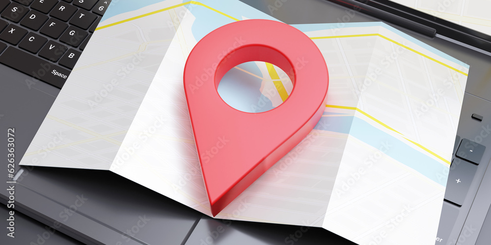 Poster red map pointer icon on black computer keyboard. online travel navigation, gps app concept