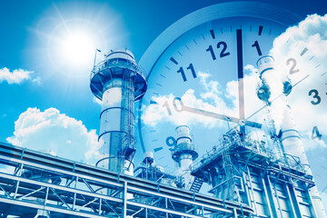 Fossil fuel power plant overlay times clock blue sky for countdown  climate clock fuel run out off...