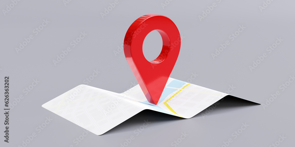 Poster city map and red pin pointer location isolated on grey. travel navigation gps concept.