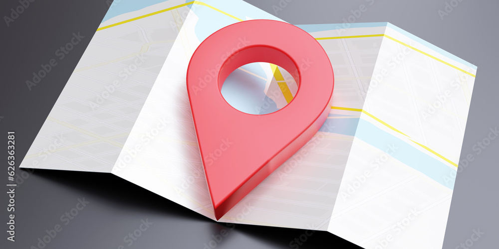 Poster red pin pointer location on city map closeup view, travel navigation gps concept.