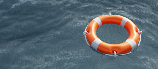 Lifebuoy on blue ocean background. Orange color life buoy ring, marine safety