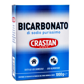 Crastan Bicarbonato,packet of pure sodium bicarbonate,Italian product isolated on white background