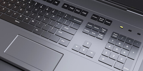 Computer laptop keyboard, black color closeup