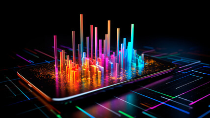 Perform 3D analysis of market trends, view business data graphics on a smartphone or mobile device. Experience vibrant bar graphs emerging from an LCD screen.
