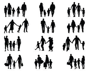 Black silhouettes of families in walk on a white background - 626364606
