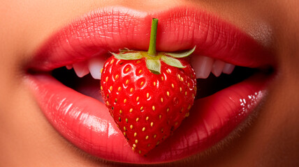 A close up of a person with a strawberry on their tongue
