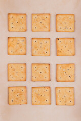 Spicy square crackers on parchment paper. Salty crackers closeup. Macro shot. Top view.