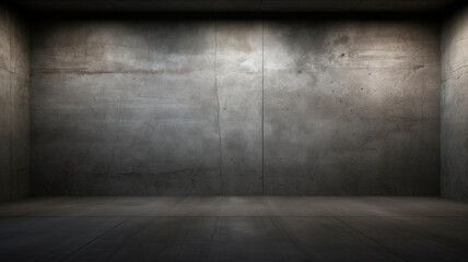 
A dimly lit concrete chamber with a dark front wall. A contemporary, sleek concrete interior. An abstract background of concrete.