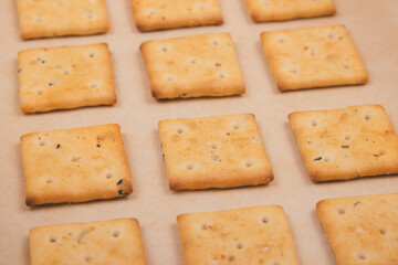 Spicy square crackers on parchment paper. Salty crackers closeup. Macro shot.