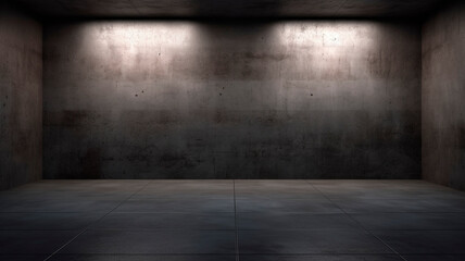 
A dimly lit concrete chamber with a dark front wall. A contemporary, sleek concrete interior. An abstract background of concrete.