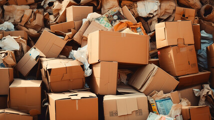 A pile of utilized cardboard boxes, scraps of paper, discarded paper, intended for paper recycling or repurposing